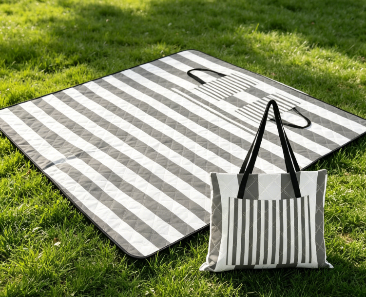Extra-Large Waterproof Gray & White Striped Picnic Blanket - Image 2