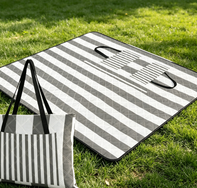 Extra-Large Waterproof Gray & White Striped Picnic Blanket