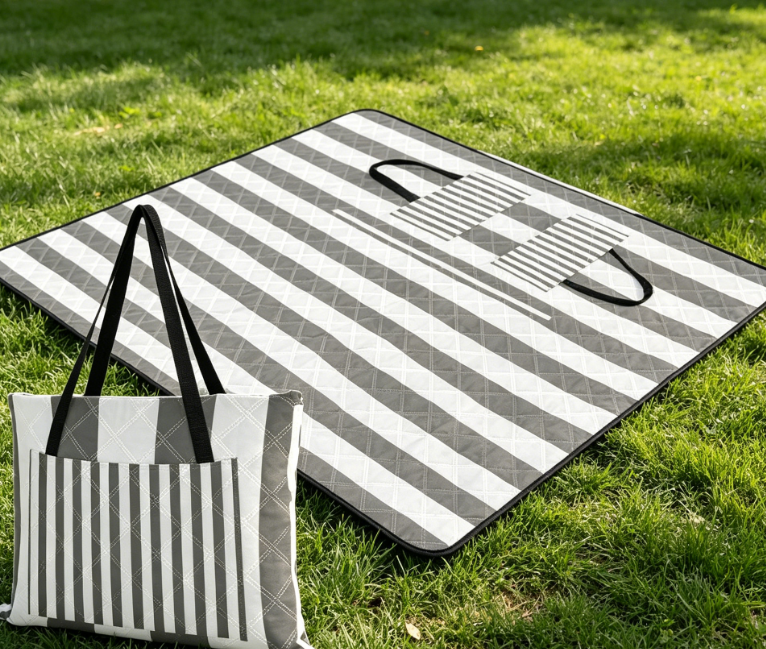 Extra-Large Waterproof Gray & White Striped Picnic Blanket